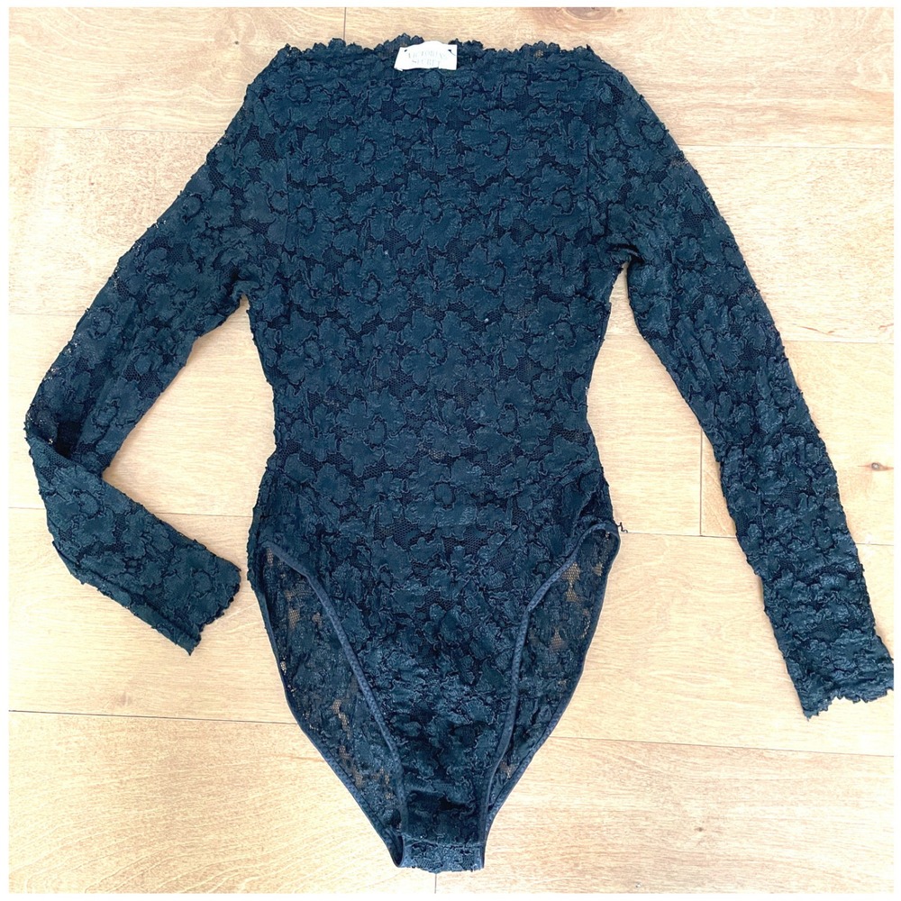 Vintage Victorias Secret Gold Label Black Floral Lace Long Sleeve Bodysuit Small